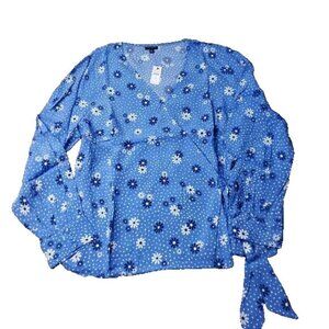NEW $89.50 TALBOTS Blouse Womens XL Daisy Floral Wrap Top Blue Shirt V Neck